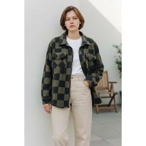 Weekends Everyday Flannel Shirt Jacket Women Size Small Checkerboard Black Olive